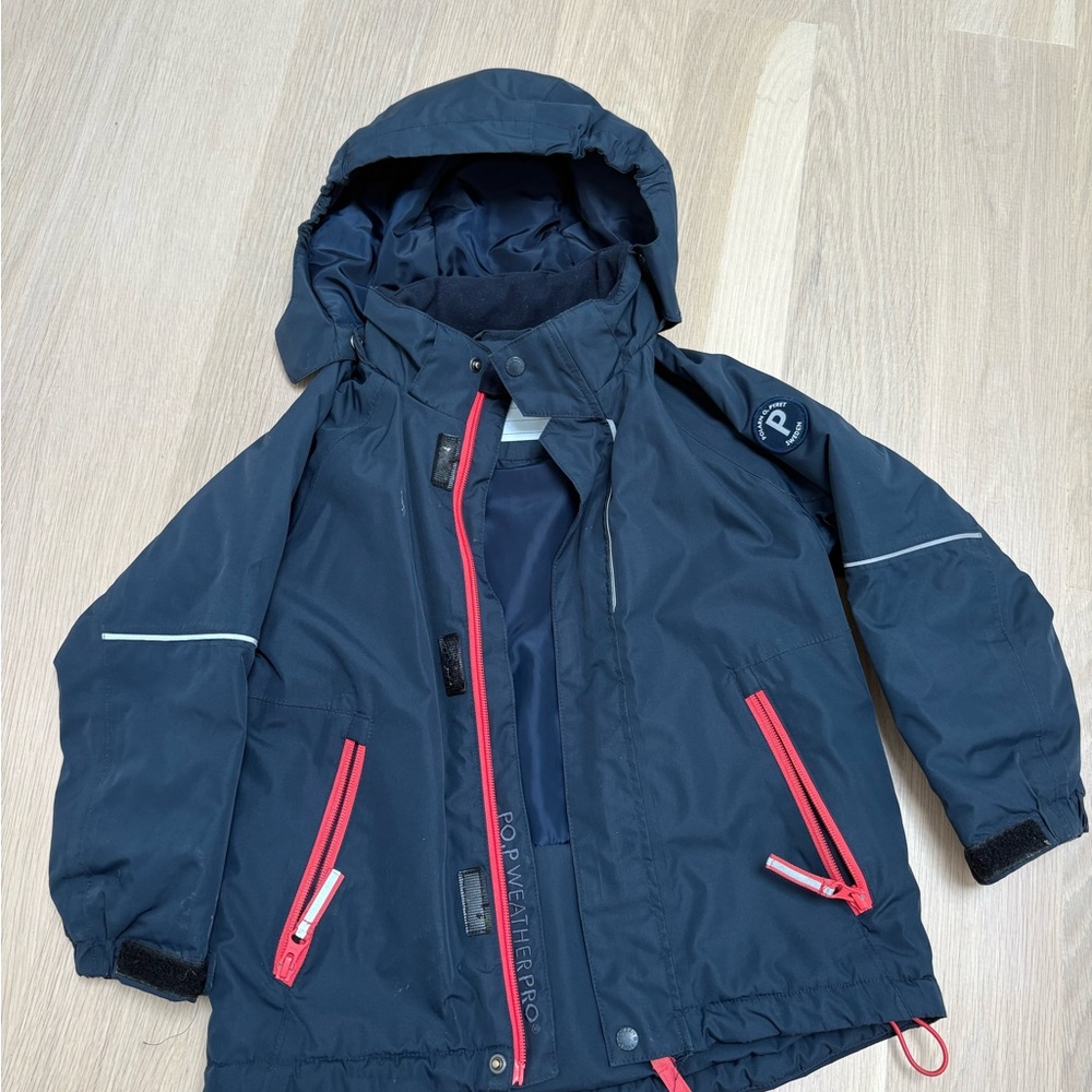Polarn O. Pyret Dark Blue Raincoat with Red Zippers, 4-5Y